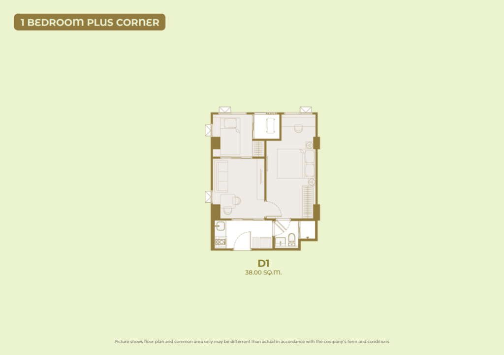 1 Bedroom Plus Corner (ขนาด 38.00 ตร.ม.)